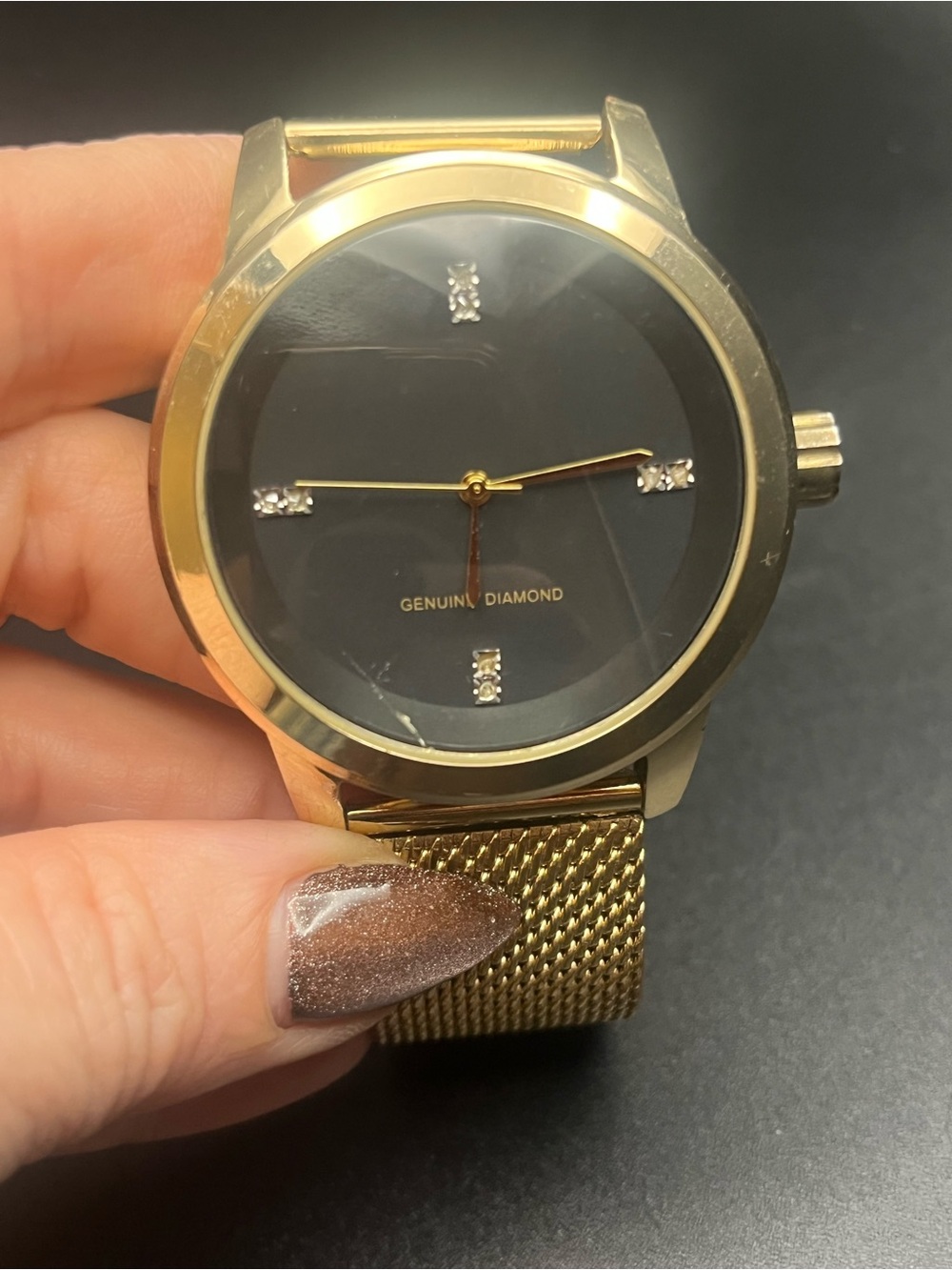 Gold Tone Mesh Band Genuine Diamond Quartz Watch Black Dial.